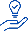 A blue icon of a hand with an idea on it.